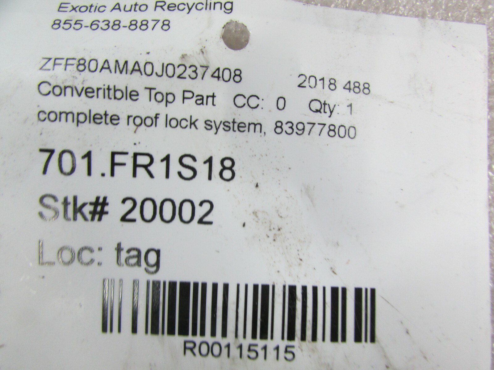 Ferrari 488 Spider, Roof Lock system, Used, P/N 83977800