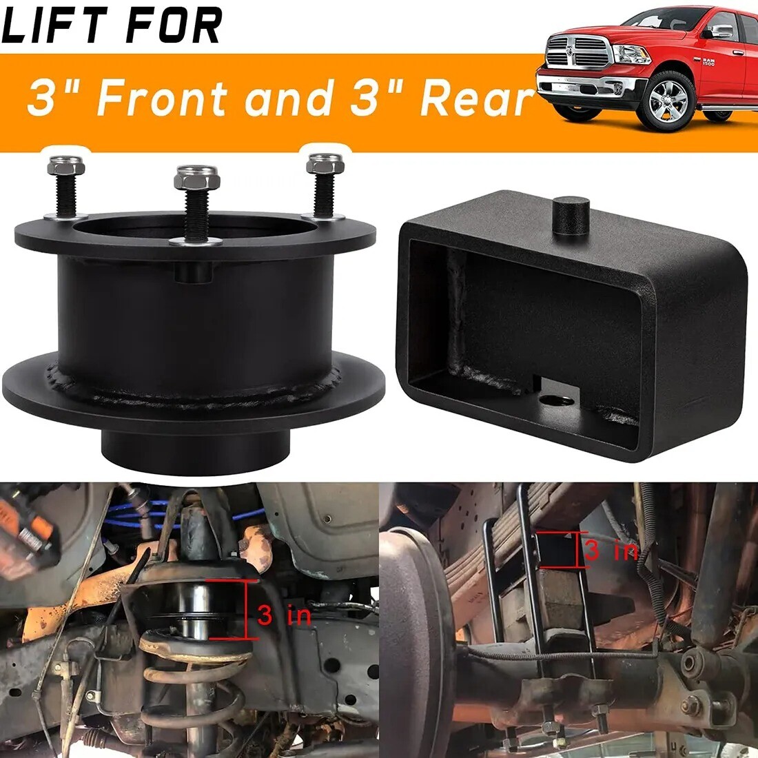 3-Inch Full Suspension Lift Kit For 1994-2001 Dodge Ram 1500 4X4 - Front & Rear, 30-Piece Set