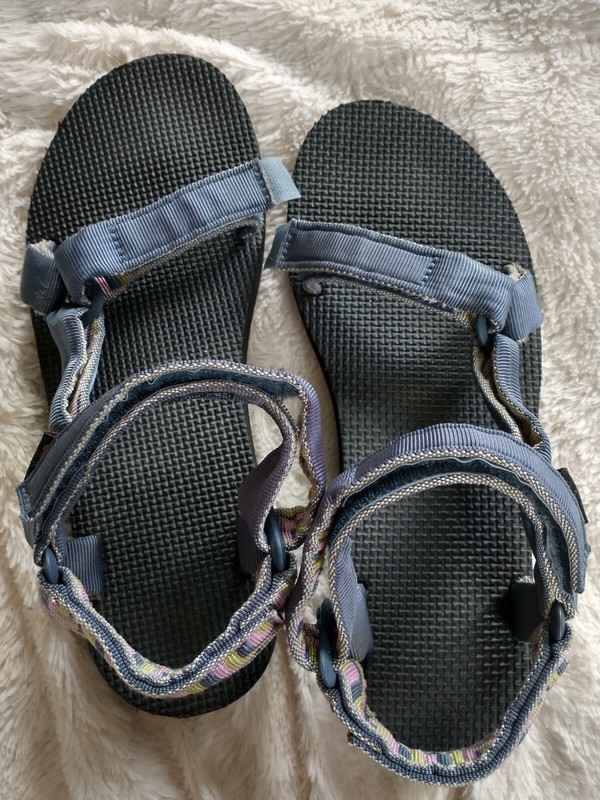EUC Teva Original Universal Sandals Blue Geometric Hipster Vegan Women Size 10
