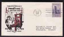 PRINTING PRESS #857 US FIRST DAY COVER 1939, WSE CACHET FDC