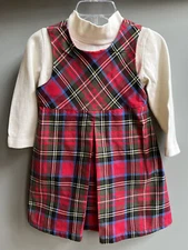 Girls Lands End Red Green Blue Plaid Jumper Cream Turtle Neck 2T Christmas