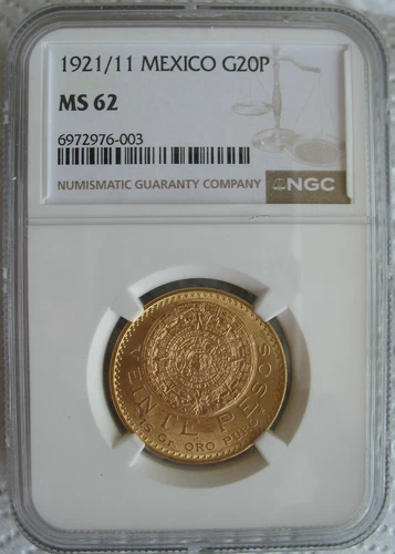 Mexico 1921/11 Gold 20 Pesos NGC MS-62