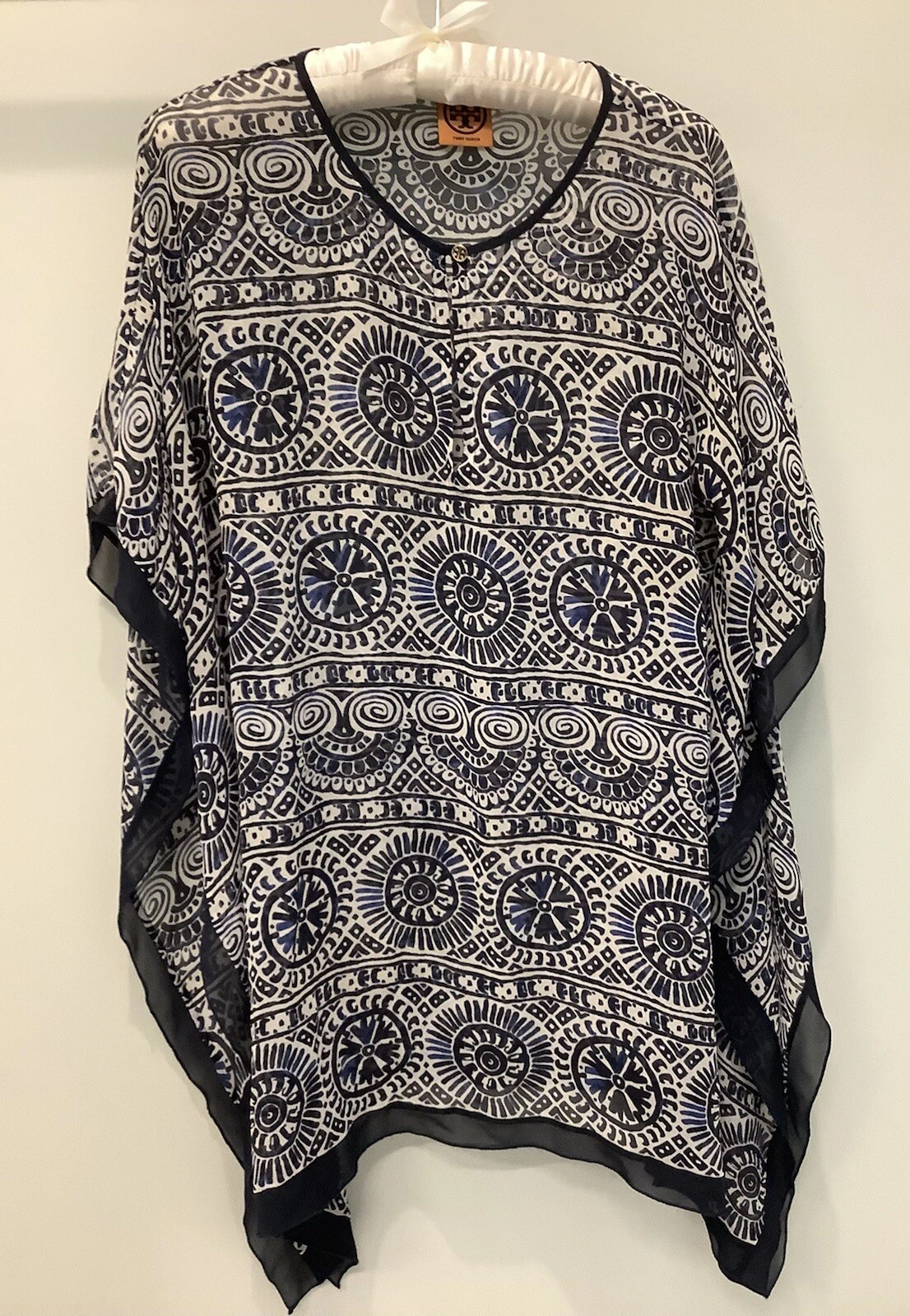 Abito tunica seta Tory Burch Ravello blu caftano copricostume spiaggia nuoto XS S 2 4 US INtime OTTIMEioni