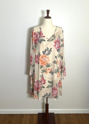 PinkBlush Dress Womens 2XL Beige Watercolor Floral Shift Long Sleeve Flowy