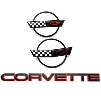 Balck for 84-96 Corvette C4 Flag Front Nose Emblem Plus Gas Fuel Lid Three Pc