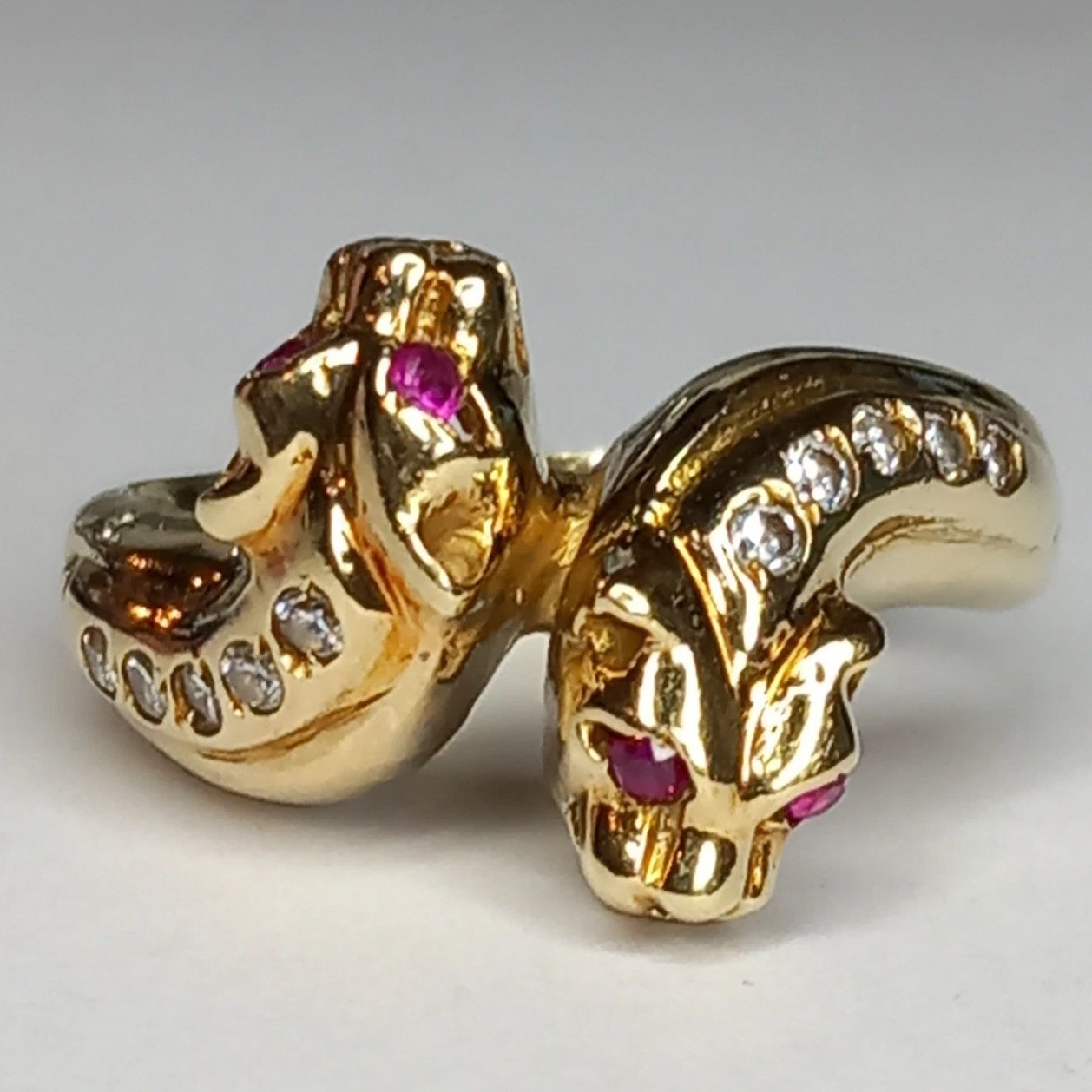 9CT YELLOW GOLD RUBY DOUBLE PANTHER LEOPARD HEAD … - image 1