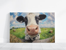 Funny Cow Wall Art, Playful Farmhouse Canvas, Animal Painting, Rustic Kitchen