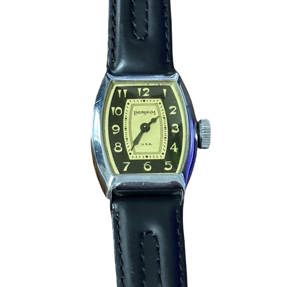 Vintage 1930s Ingraham Mechanical Wind Up Watch Black Dial EUC