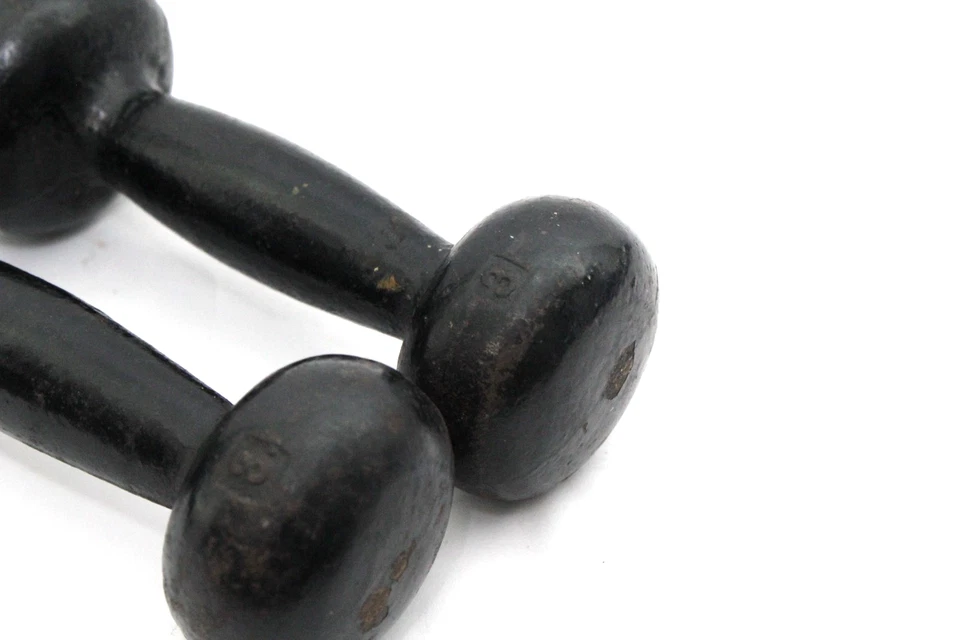 PAR de mancuernas antiguas de cabeza redonda de hierro fundido sin marca 6 lb en total Foto 2 de 4
