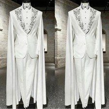 White Diamond Men's Suits with Cape Wedding Groom Tuexdos Party Prom 2 pieces