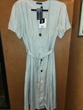 *Very J LINEN COTTONBlend Sage Belted Button Midi Dress V-Neck Short Sleeve Sz L
