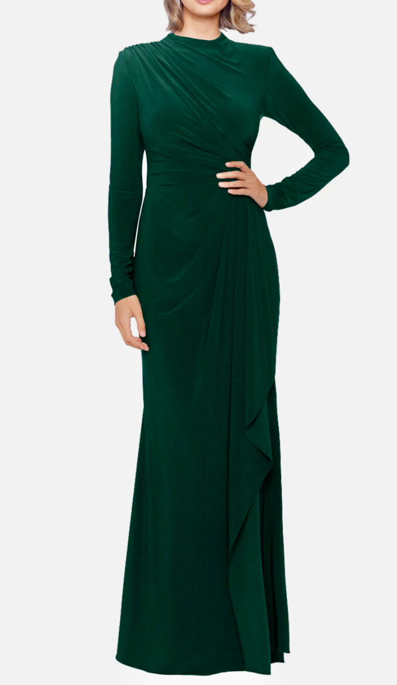 NEW! Betsey & Adam Ruffle Long Sleeve Sheath Gown (Size 12) Forest Green