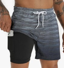 Mens Swim Trunks Size L w Liner 5.5" Inseam Quick Dry Gray Striped