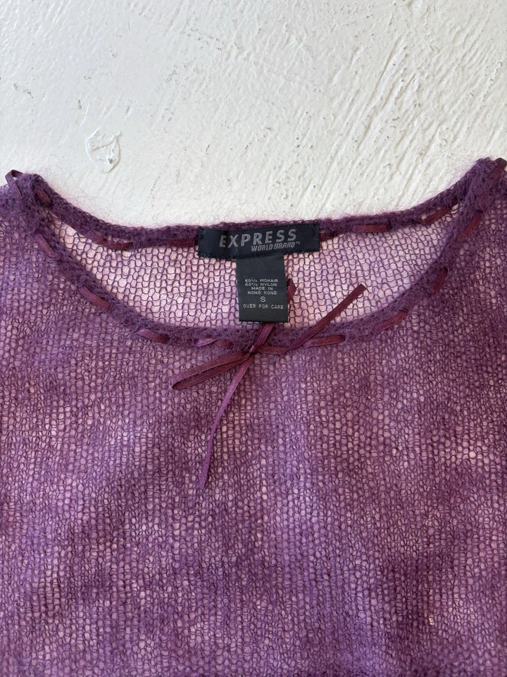 Y2K 全新带标签 Express 开放式针织透明马海毛秋装毛衣紫色 S — 第 2/4 张图片