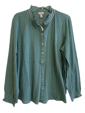 LOGO Lori Goldstein Sz Medium Woven Gauzy Cotton Blouse w/Ruffle Collar Teal NEW