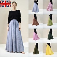 Women Summer Cotton Linen Maxi Skirt Lady Solid Pleated Long Skirts Boho Dresses