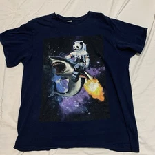 Delta Apparel Mens Blue T-Shirt Astronaut Panda Riding A Shark Large Cotton