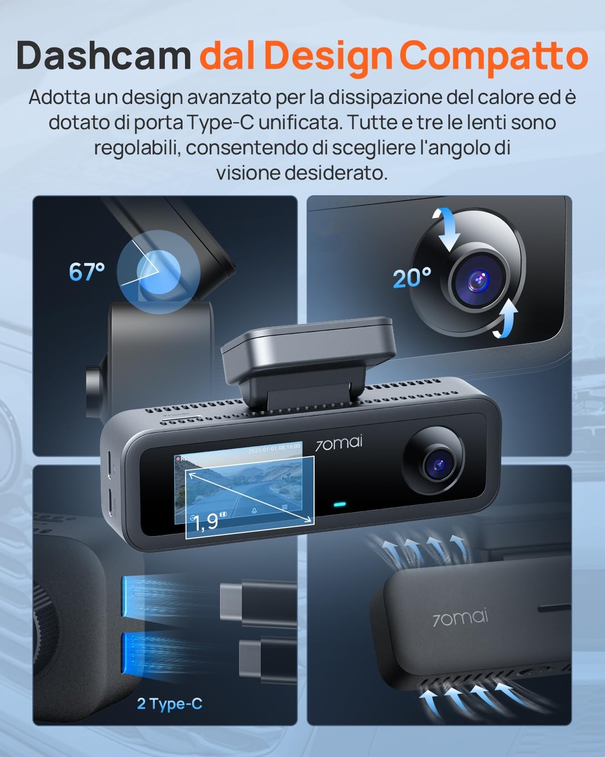 70mai - T800e Dash Cam Auto 4K 3 Canali Xiaomi WIFI GPS Visione Notturna 64gb Sd - Miniatura 7