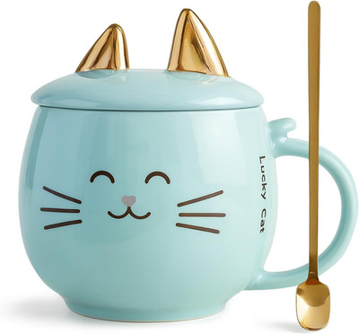Cat Ceramic Coffee Mug with Spoon & Lid, 13.5 Oz Novelty Mug with Phone Stand Li