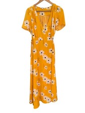 MADEWELL Puff Sleeve Wrap Dress Ikat Floral Midi Boho SZ LARGE Yellow