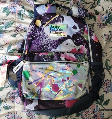 Justice Sport Kids 17'' Backpack Purple Multi-Splatter Pattern & Tech Pocket New