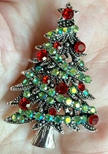 Green AB Rhinestone Christmas Tree Brooch   1.8X1.2 inches