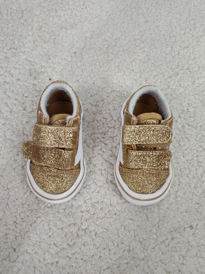 Vans Old Skool Zapatillas para Niños Pequeños 2 Dorado Brillo Gancho Lazo Parte Superior Baja Zapatos Informales Foto 3 de 4
