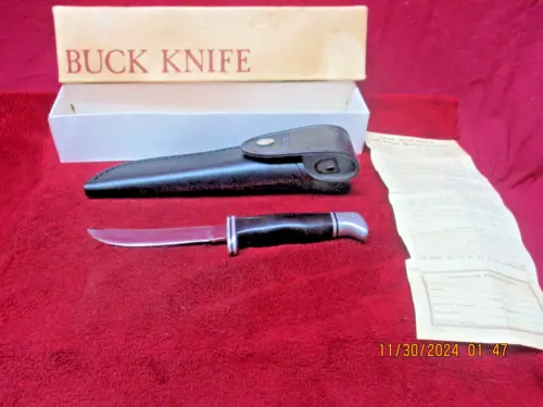 1970's BUCK 118 USA Phenolic Handle, Fixed Blade Knife & Sheath & Box, RARE