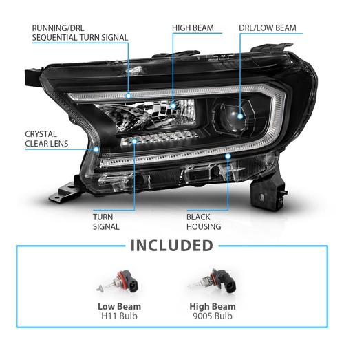 2019-2022 FORD RANGER SWITCHBACK SEQUENTIAL LED BLACK HEADLIGHTS LH+RH HEAD LAMP - Picture 3 of 5