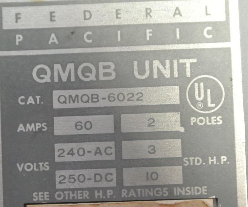 Panelboard Fpe FEDERAL PACIFIC QMQB-6022 TWIN PANELBOARD SWITCH - 240VAC, 60A, 2-POLE ...
