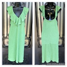 Zara Medium Kelly Green Midi Dress V Neck Ruffle Front Textured Sleeveless Gauge
