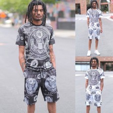 Victorious Men's Casual Big Money Bills Print T-shirt  shorts Set ST881