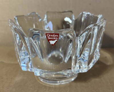 Vntg Signed Orrefors Crystal Glass Sweden 6 Panel Scalloped Top Design Bowl Vase