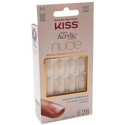 KISS French Nails Salon Acrylic Nude Medium Length Graceful 28 Pack with Glue