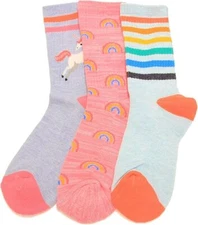 Hot Sox Kid's Rainbow Unicorn Crew Sock 3 Pair, Assorted, Small/Medium