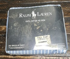 Ralph Lauren Full Chambray Flat Sheet Blue White Stripe 100 Cotton Irregular