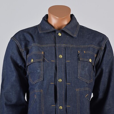 44 Mens NOS VTG 70s Selvedge Indigo Denim Jean Jacket Snap Front