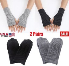 2 Pairs Long Half Finger Fingerless Gloves Arm Hand Warmer Knitted Mitten Winter