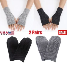 2 Pairs Long Half Finger Fingerless Gloves Arm Hand Warmer Knitted Mitten Winter