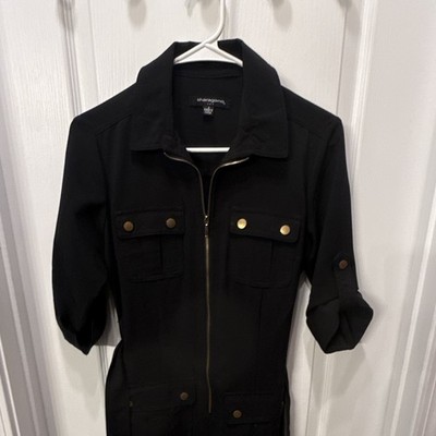 Sharagano Women s Black Solid Collared Zip Shirt Dress Belted 3/4 Knee 4