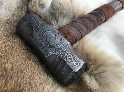 Large Handmade Viking Berserker Hammer Wolf Engraved Hand Carved & Burned Design