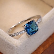 Square Blue Stone Ring Cubic Zircon 7mm Prong Wedding Band Women Jewelry
