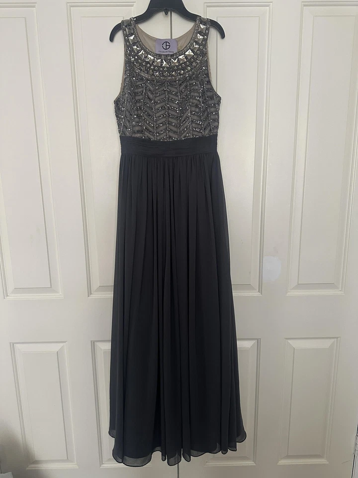 JS Collections Dress Womens 12 Gray Beaded Sequin Chiffon Maxi Evening Gown - Image 2 of 4