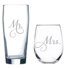 Mr. and Mrs. Etched 15 oz Stemless Wine 20 oz Beer Glass Set for Couples