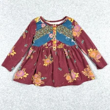 Matilda Jane Top Girls Size 2 Tunic Floral Patchwork Fall Burgundy Long Sleeve