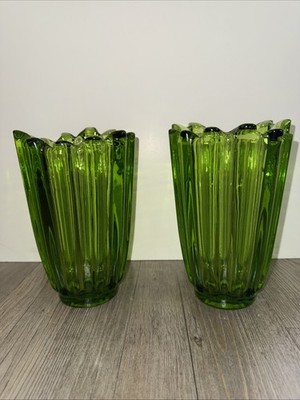 Set Vintage MCM Lotus Viking Green Glass Pressed Swung Vase Pair Thick Ribbed 8''