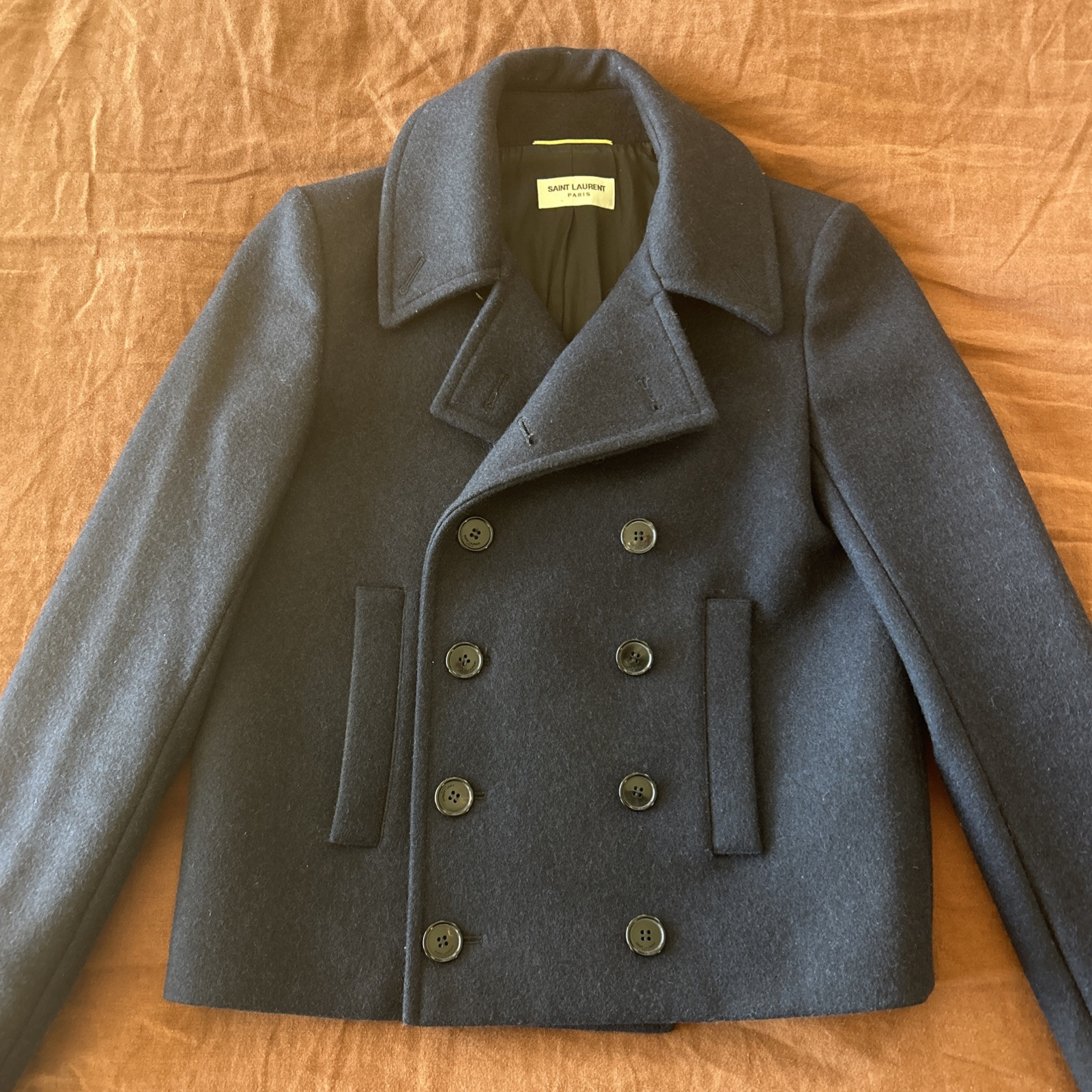 Cappotto Saint Laurent Paris Pavone Lana 38 Piccolo YSL Corto Navy 2013 Slimane