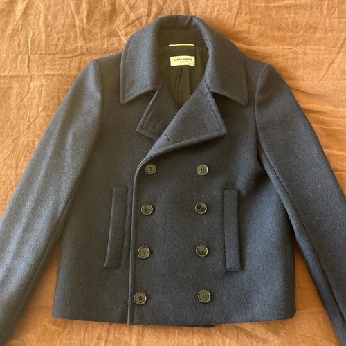 SAINT LAURENT (YSL) Cappotto Saint Laurent Paris Pavone Lana 38 Piccolo YSL Corto Navy 2013 Slimane
