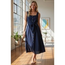 J. Crew Navy Blue Linen Blend Sleeveless Button Front Midi Dress Size 6 NWT