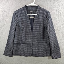 Talbots Womens 12 Navy Blue Grey Houndstooth Collarless Blazer Peplum Jacket